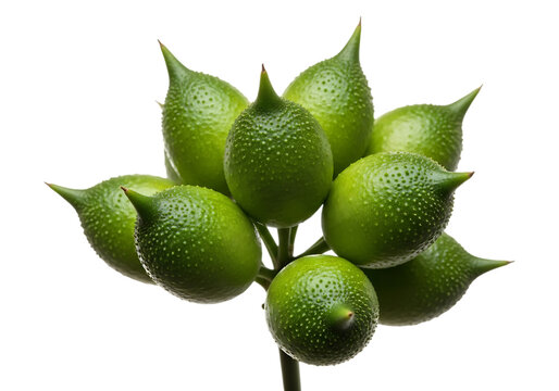 Cluster of unripe green gac fruit with spiky texture and pointed tips, isolated on transparent background