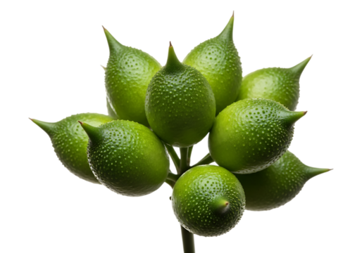Cluster of unripe green gac fruit with spiky texture and pointed tips, isolated on transparent background