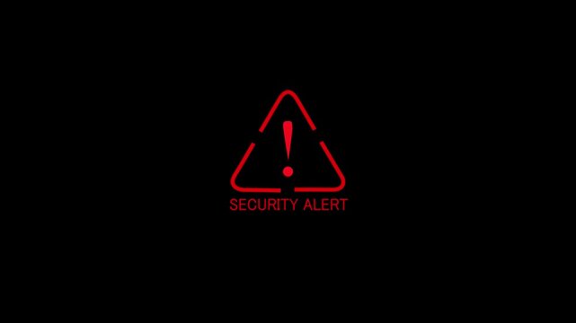Digital security alert attention screen with red colored icon animation. showing digital scam, fraud alert and spam alert risk connected by lines on a black background.