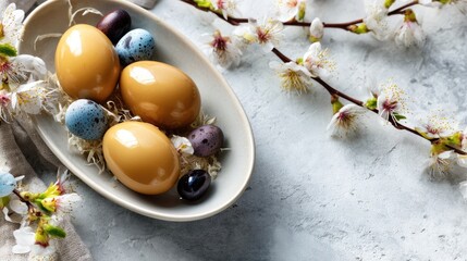 Elegant easter table setting with golden cutlery, white plates, and pastel flowers displayed in a flat lay style for a festive celebration