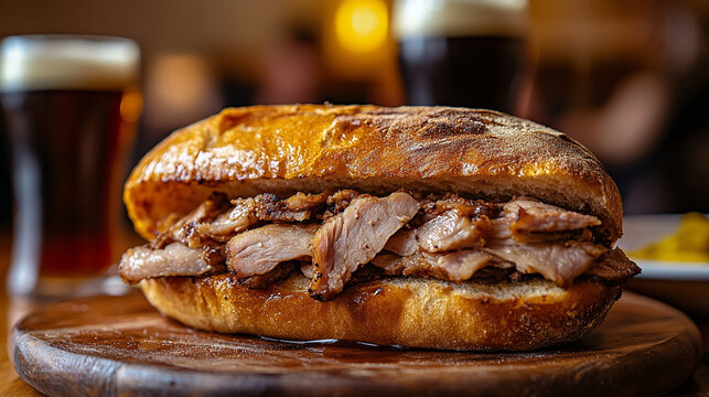 Delicious pulled pork sandwich on wooden board with craft beer  