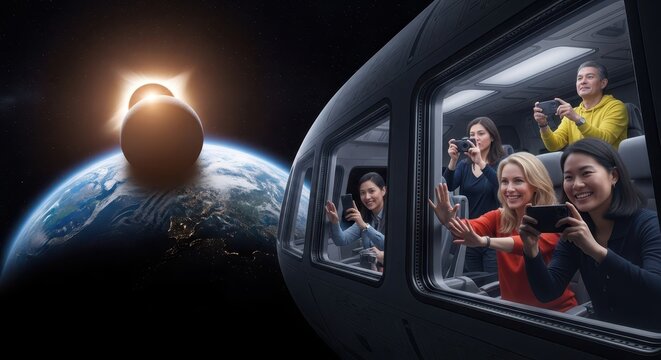Group of excited tourists observe planetary alignment and Earth from spacecraft cabin windows