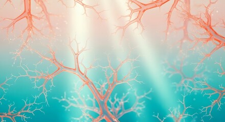 Translucent crystal filaments form glowing prism veins resembling an intricate coral reef branching across a clean aqua gradient. Abstract organic concept