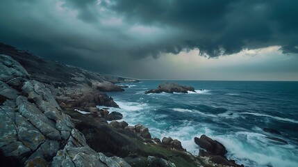 Dramatic ocean coastline under stormy skies with crashing waves and rugged rocks for travel and environmental themes