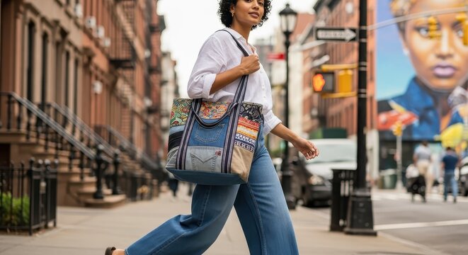 Woman with patchwork denim tote bag strides along a city sidewalk past historic row houses and mural