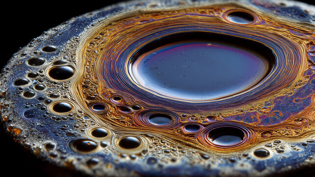 Circular liquid formation with layered textures representing chemical reactions, energy flow, transformation and the dynamic behavior of fluid structures.
