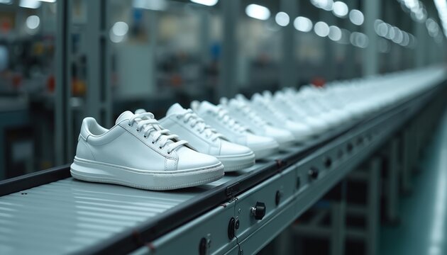 White sneakers arranged in a line on a factory conveyor belt system. Shoes move along a production line creating footwear for mass market sale. Modern shoe manufacturing process in industrial setting. - Powered by Adobe