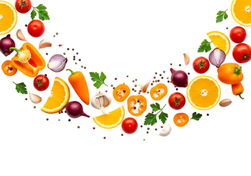Assortment of fresh colorful vegetables and citrus fruits arranged in an arc shape isolated on transparent background for healthy eating concept