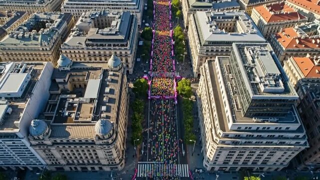 Aerial view of a massive crowd of people gathered in a city street, surrounded by tall buildings and crosswalks, creating a vibrant urban scene.