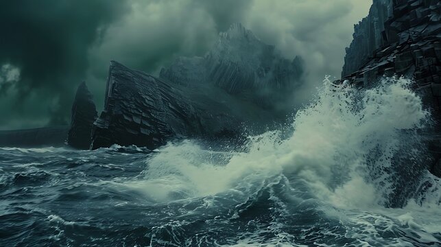 Experience the power of the ocean with dramatic waves crashing against the majestic cliffs of a stormy coastline - Powered by Adobe