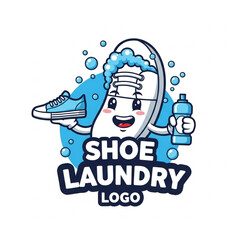 Playful shoe laundry cartoon character washing sneakers service logo