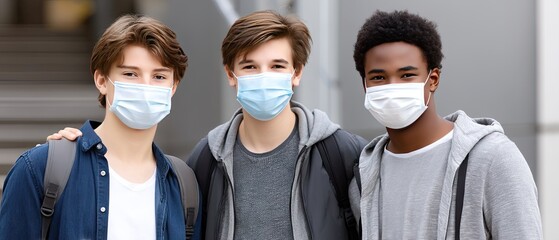 Three multiethnic boys wearing masks stand together at a school entrance, ready for a day of learning and friendship