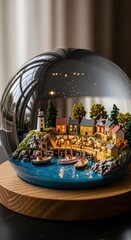 Fototapeta premium Miniature coastal village scene illuminated inside a clear glass sphere resting on a wooden base