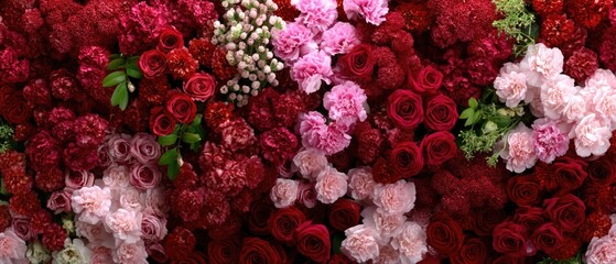 Beautiful wall of red, pink, and white roses creates a vibrant and enchanting floral background for romantic themes