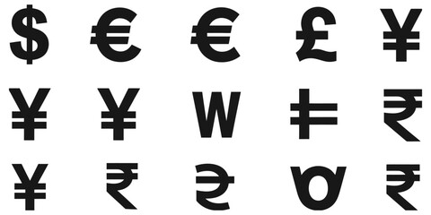 collection of black currency symbols on white background, featuring dollar, euro, yen, pound, and other financial icons, ideal for banking graphics, economic presentations, financial apps, and 