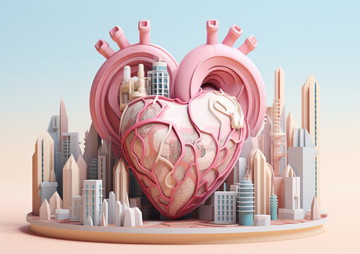 Surreal pink heart sculpture intertwined with a miniature cityscape under a soft gradient sky