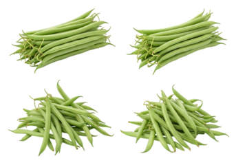 Four separate piles of fresh raw green beans arranged against a stark transparent background, ready for cooking or consumption