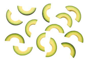 Scattered slices of fresh green avocado fruit arranged randomly on a clean transparent background, isolated on transparent background