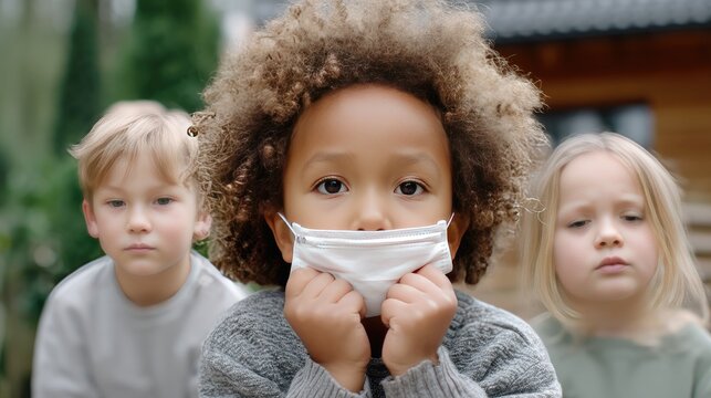 Young man adjusts face mask while two boys in masks stand at a school entrance during a health-conscious moment - Powered by Adobe