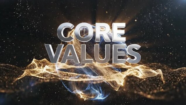 Core Values Text Animation with Glowing Particles and Light Flares.