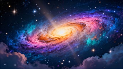 Vibrant Spiral Galaxy Expanding in Deep Space with Bright Core and Colorful Nebula