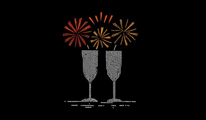 Champagne glasses sparkling white dots, bursting vibrant orange and yellow fireworks, joyous celebration, new year, success, and festive moments on a dark background, dot art illustration