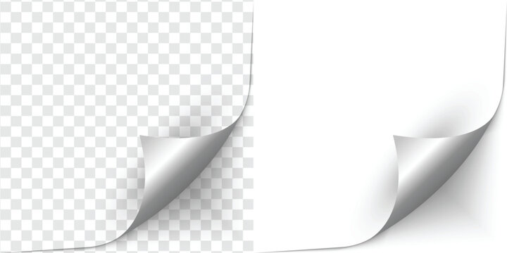 Curled page corner isolated on transparent and white background. Blank curve paper edge, bent sheet, note angle with realistic shadow. Vector rolled up stickers, peel banners