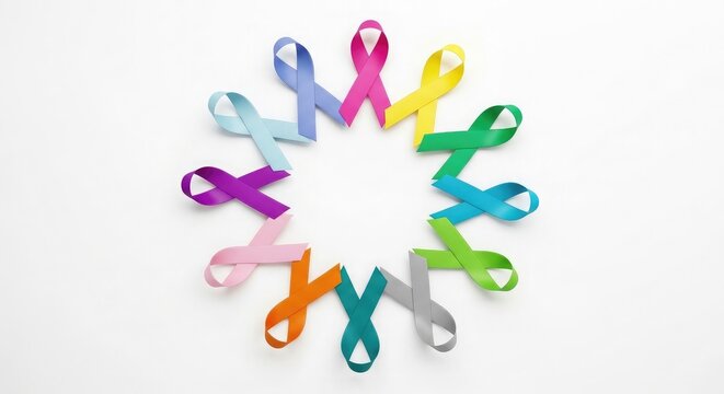 Colorful awareness ribbons circle, multi color cancer support ribbon concept