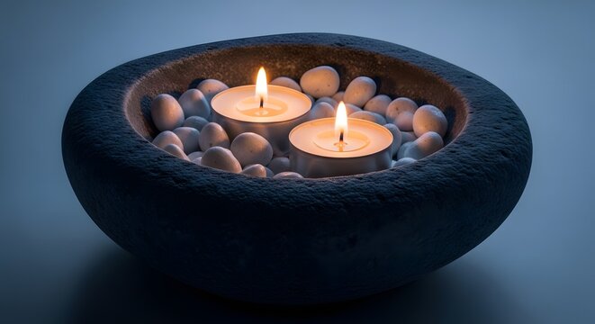 Two glowing tealight candles in a dark stone bowl with pebbles.