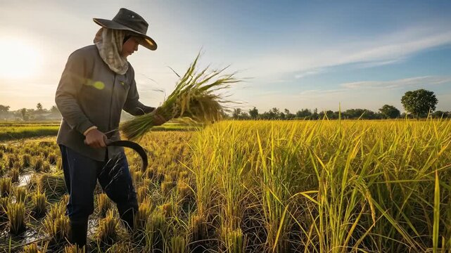 Farmer Harvesting Rice Field at Sunrise with Golden Light.