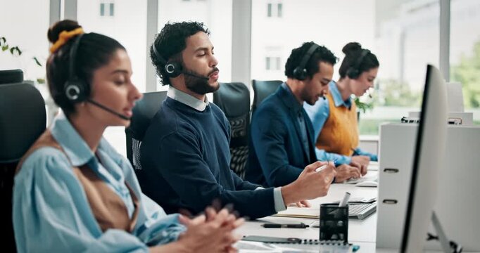 Computer, man or talking with headset in call center for product knowledge, lead generation or offer. Coworking, sales agent and chat to outbound client for service promotion, upsell or telemarketing