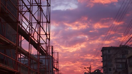 A dramatic sunset illuminates scaffolding and unfinished buildings in an urban construction site