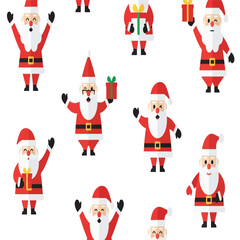Seamless pattern of various cartoon Santa Claus figures on a white background, celebrating Christmas.
