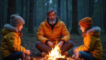 Man with grey beard tells story to kids by campfire in forest. Children listen intently to grandpa tales. Family enjoys night time outdoor adventure and warmth.