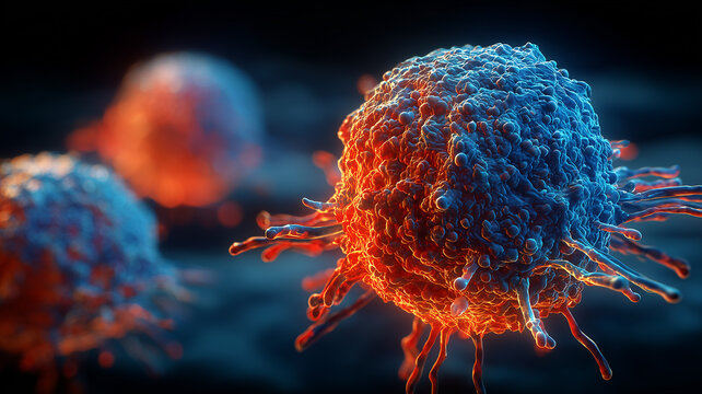 A detailed depiction of immune cells interacting at a microscopic scale, illustrating biological defense mechanisms, medical research and cellular activation within the human immune system.

