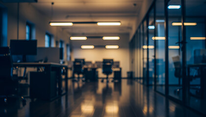 Fototapeta premium Warm ceiling lights illuminate a modern open office where rows of desks, ergonomic chairs, and large windows create a bright organized workspace captured in a softly blurred perspective.