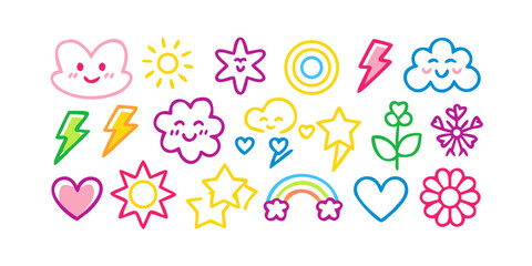 Playful cartoon icons with smiling faces and bright colors