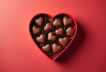 Heart shaped box with delicious chocolate candies on red background, top view
