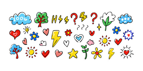 Playful doodle icons with bright colors on white background