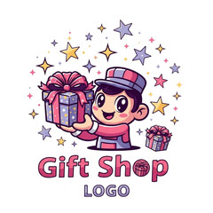 Joyful gift shop mascot presenting wrapped present in festive design