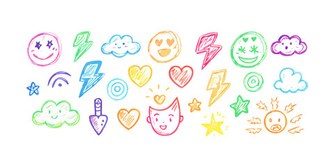 Playful rainbow colored doodle icons with transparent background 1