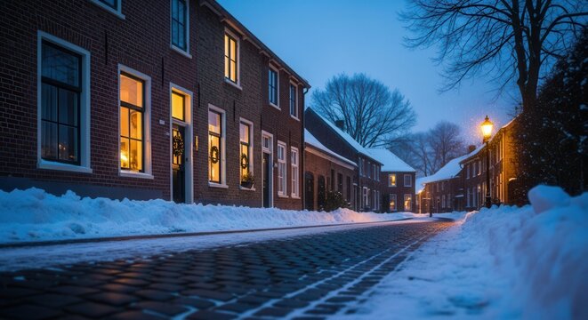 Snow-covered street with brick houses at dusk in wintertime