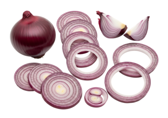 A whole red onion and several slices and rings of the vegetable displayed on a transparent background, isolated on transparent background