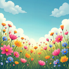Fototapeta premium Illustration of a vibrant flower field under bright blue sky. Colorful flowers bloom in a meadow with fluffy white clouds. The artwork captures a joyful spring summer scene.