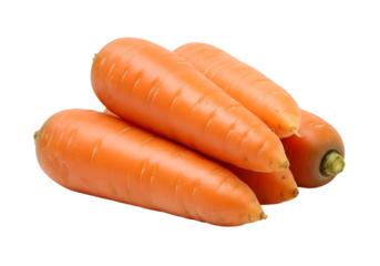 A small pile of fresh, bright orange carrots with their green tops trimmed, isolated on transparent background
