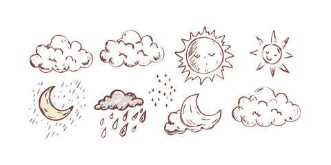 Retro hand drawn weather icons on white background