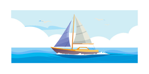 Sailboat with purple and white sails on blue water © RABBY