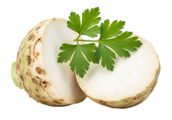 A fresh celeriac root cut in half, showcasing its white interior and topped with a sprig of vibrant green parsley, isolated on transparent background