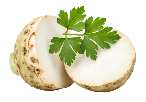 A fresh celeriac root cut in half, showcasing its white interior and topped with a sprig of vibrant green parsley, isolated on transparent background