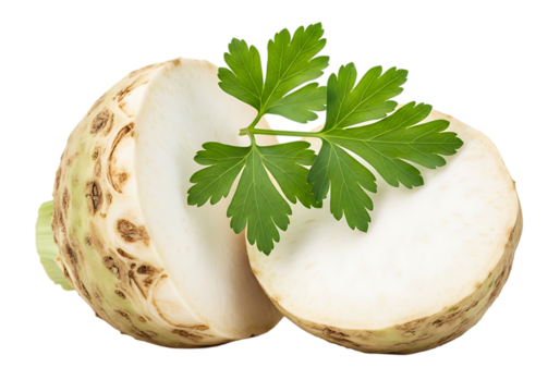 A fresh celeriac root cut in half, showcasing its white interior and topped with a sprig of vibrant green parsley, isolated on transparent background